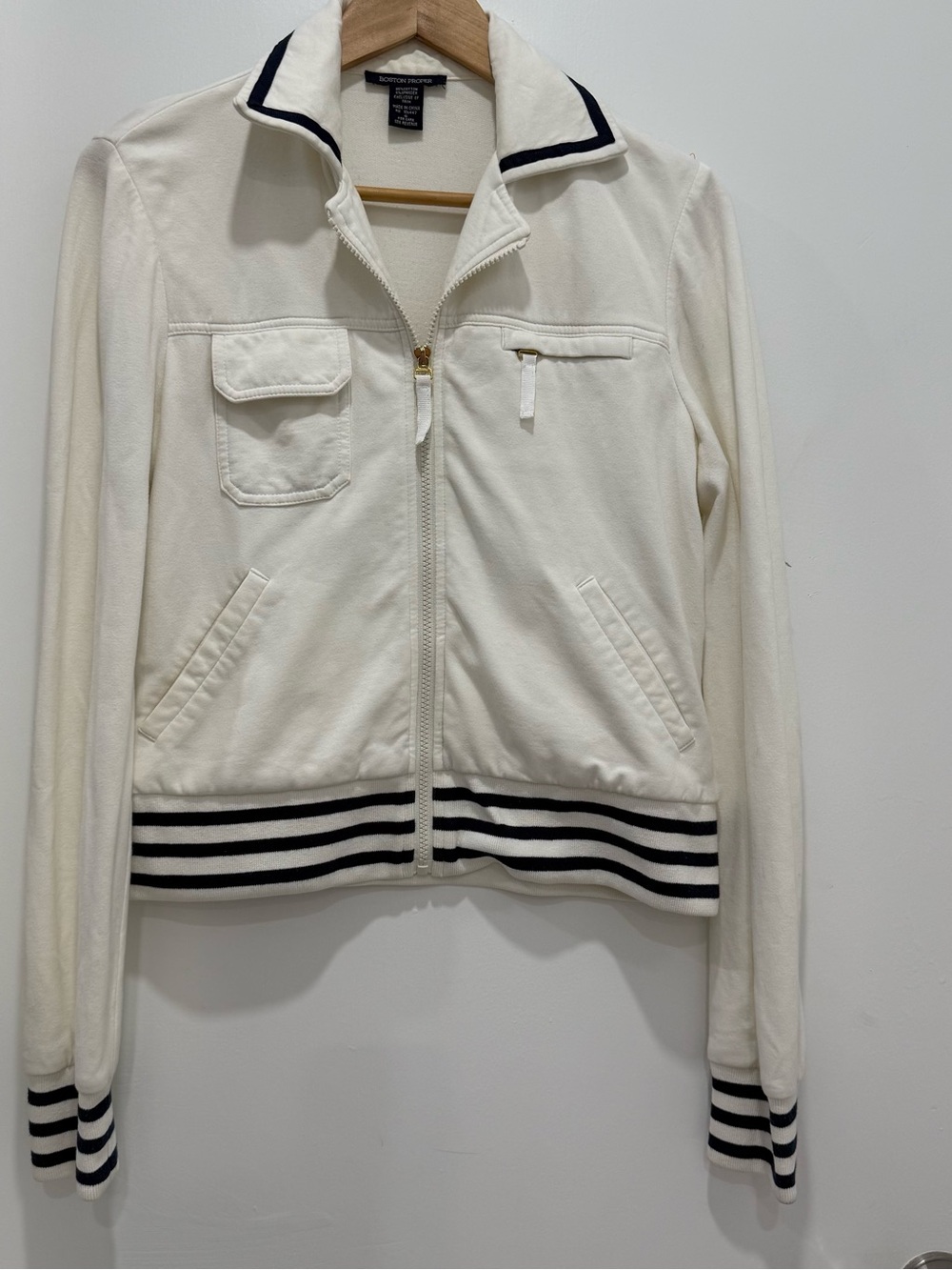 Boston Proper White Navy Nautical Zip Jacket Striped Trim Cotton Small